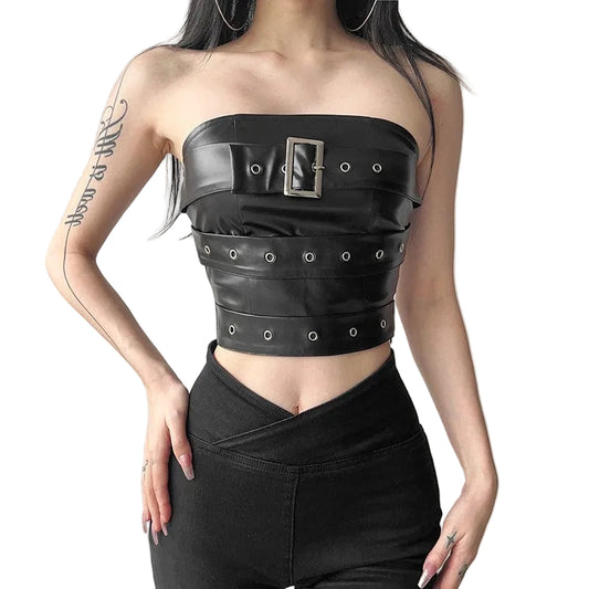 Black Riot Buckled Faux Leather Bustier front view