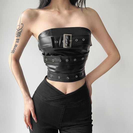 Black Riot Buckled Faux Leather Bustier detail view 2