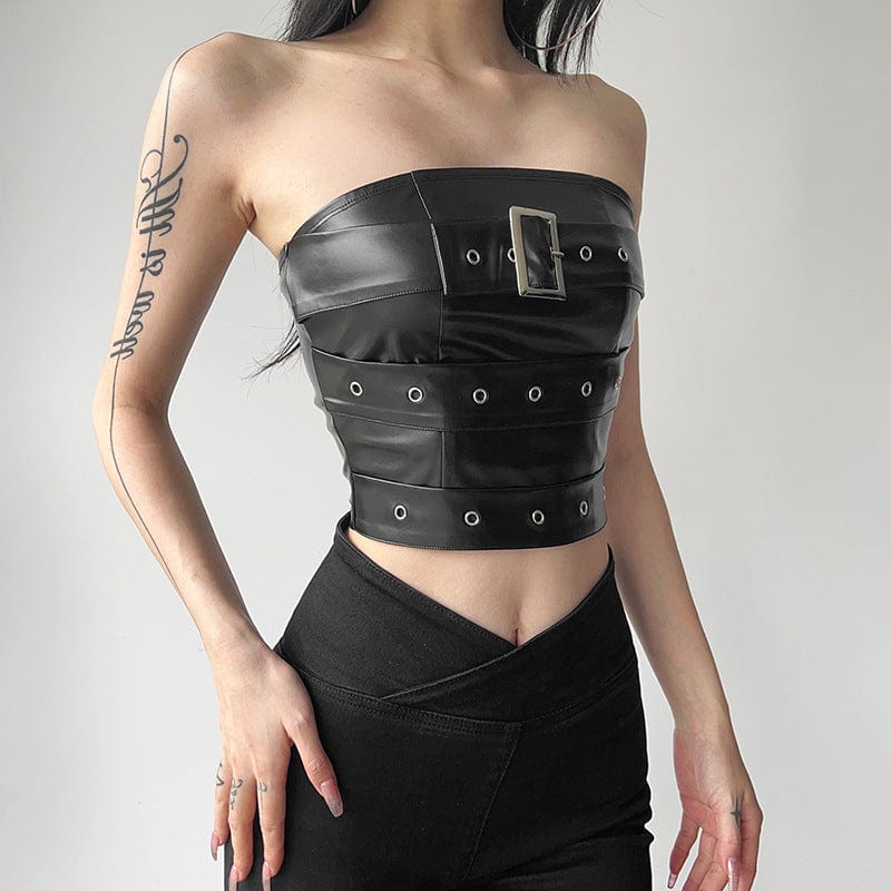 Black Riot Buckled Faux Leather Bustier detail view 3