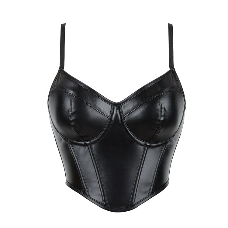 Blackout Plunge Faux Leather Bustier front view