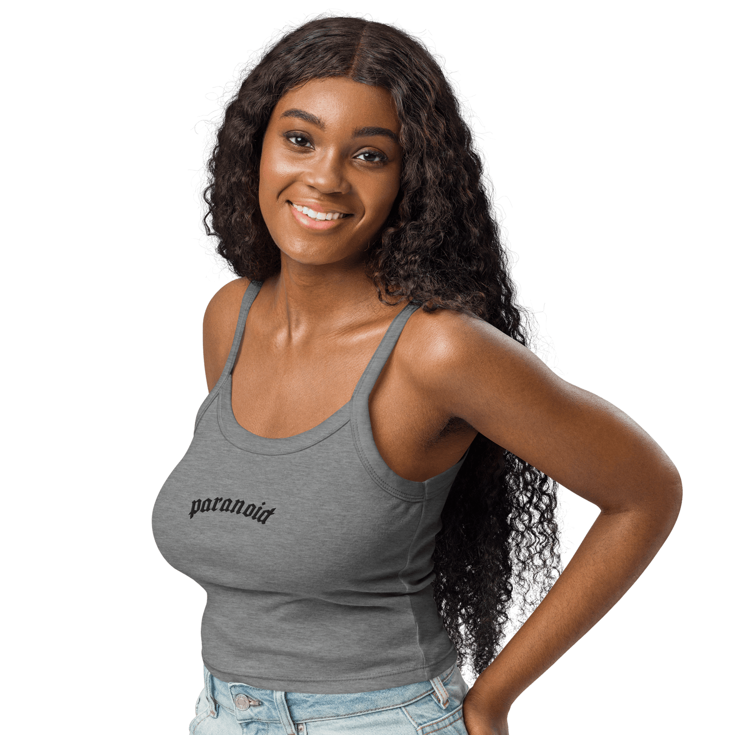 Paranoid Embroidered Ribbed Cropped Tank Top